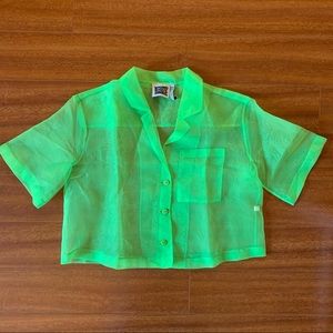 Neon Green Cropped Organza Button Up